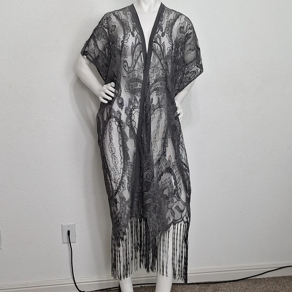 David and Young Gray Witchy Open Front Romantic Goth Lace Kimono Duster One Size